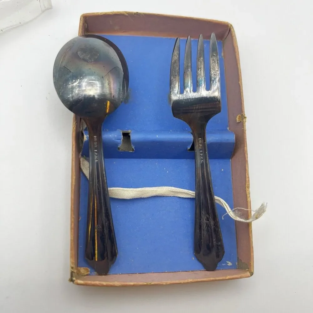National Silver Co Baby King Silverplate EPNS Baby Spoon Fork Educator Set Box